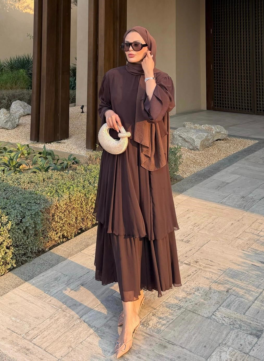 Layered Cape Chiffon Co-ord Set with Tiered Ruffle Skirt - Brown