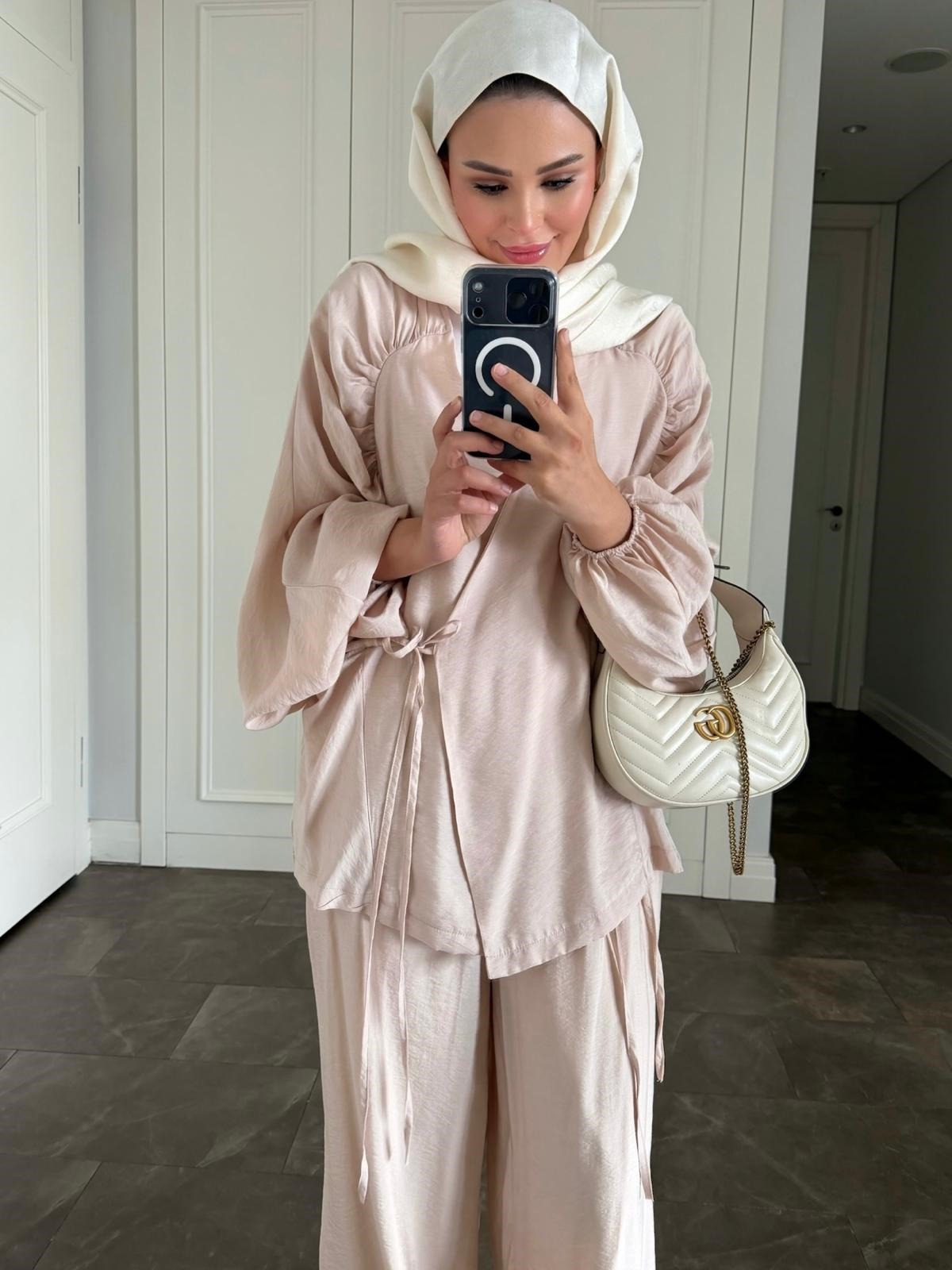 Balloon Sleeve Tencel Co-ord Set with Tie Waist & Wide-Leg Trousers - Beige