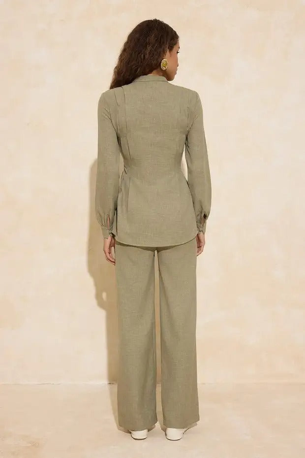 Sage Green Linen-Look Mandarin Blouse & Wide-Leg Trouser Co-ord Set