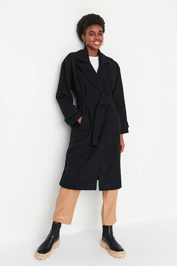 Black Oversized Wide-Cut Long Wool-Blend Coat with Belt