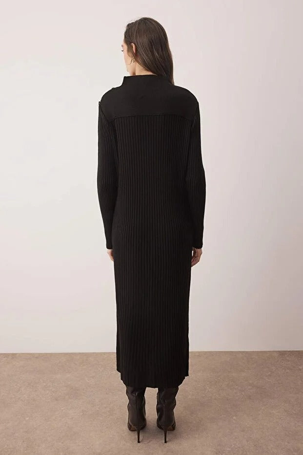 Black Ribbed Knit Dress with Button Accents