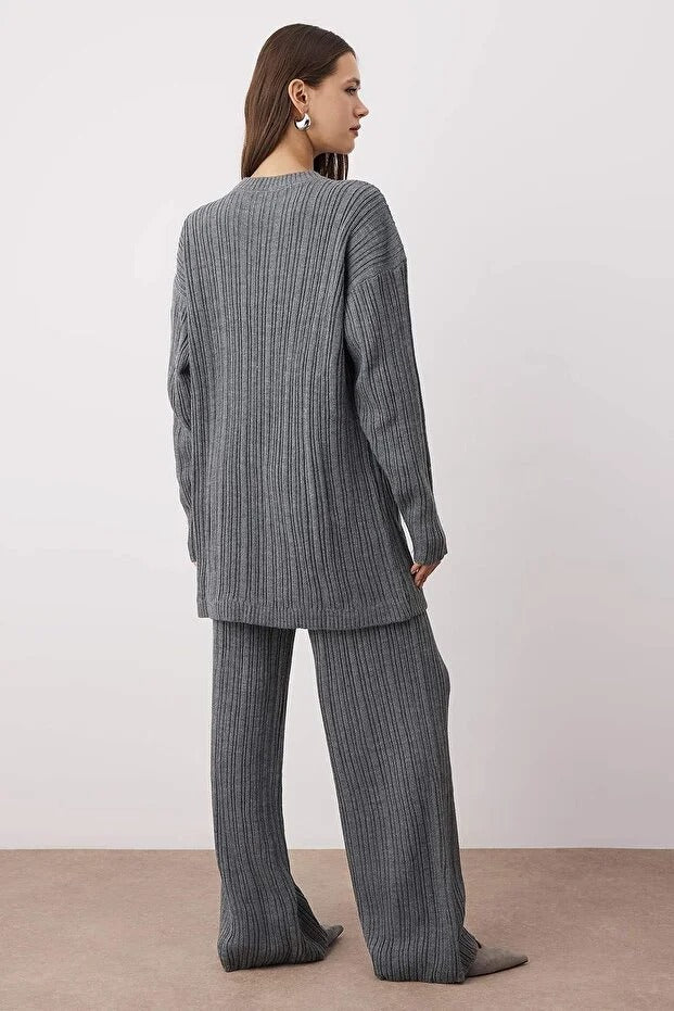 Anthracite Pearl-Detail Ribbed Knit Modest Two-Piece Set