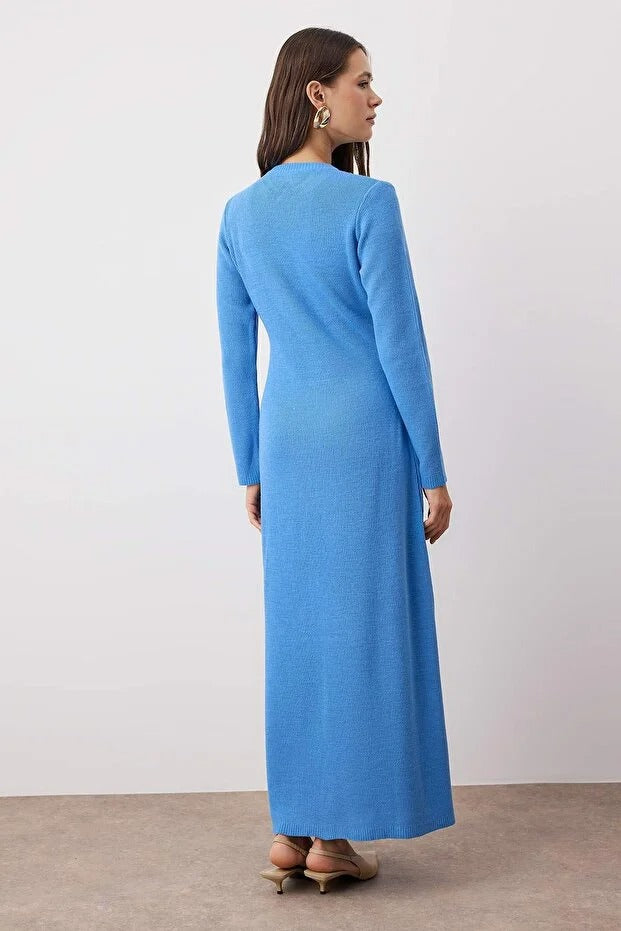 Blue Gold Buttoned Ribbed Knit Dress