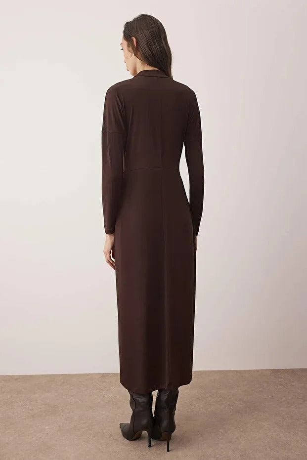 Dark Brown Belted Sandy Knit Dress