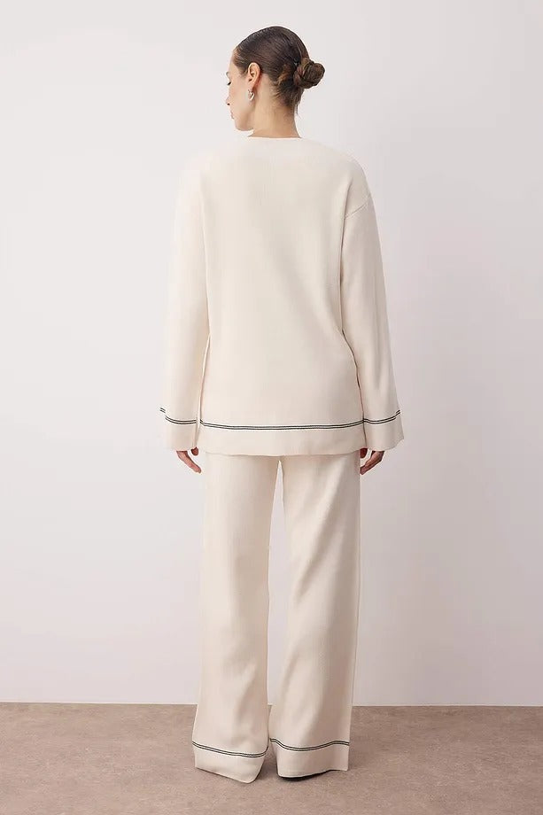 Ecru Knit Top & Pants Set with Stitch Details