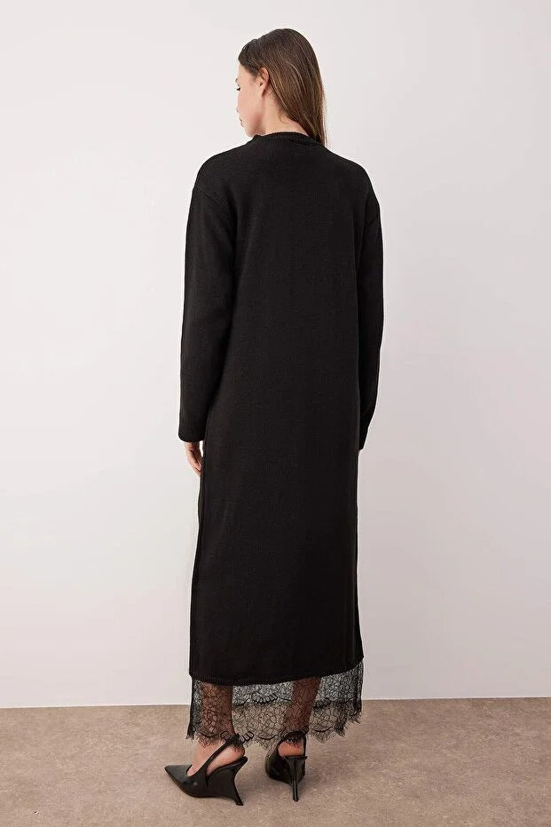 Black Lace-Detail Knit Modest Dress