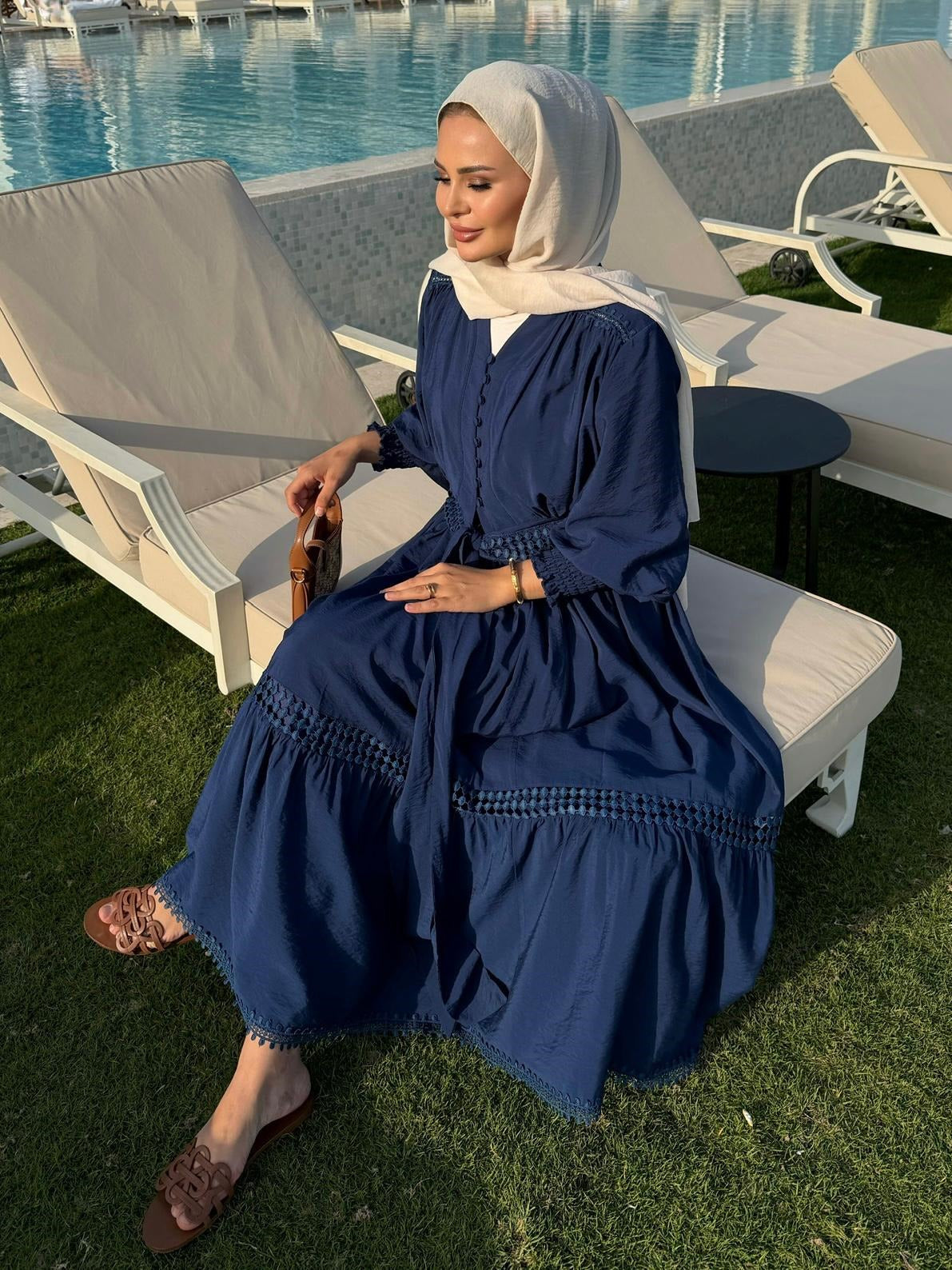 Tiered Boho Lace Trim Co-ord Set with Crochet Waist Belt - Navy