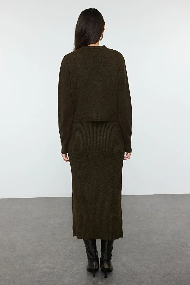 Dark Khaki Ribbed Soft-Knit Dress & Cardigan Set