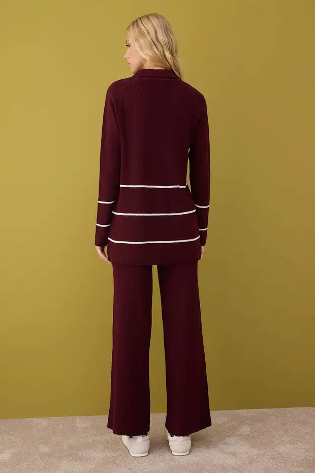 Burgundy-Cream Ribbed Knit Modest Two-Piece Set