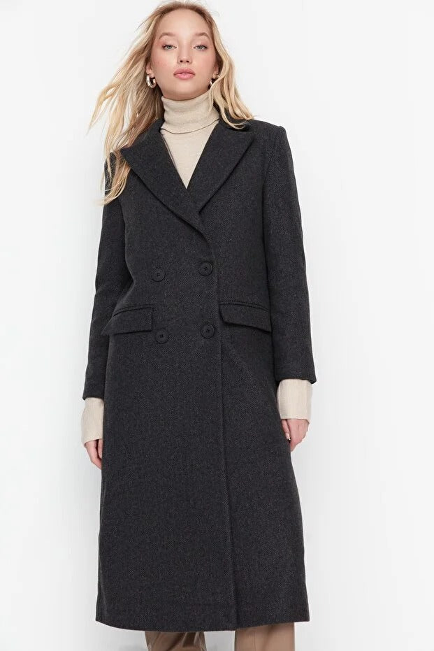Black Herringbone Pattern Long Wool-Blend Coat