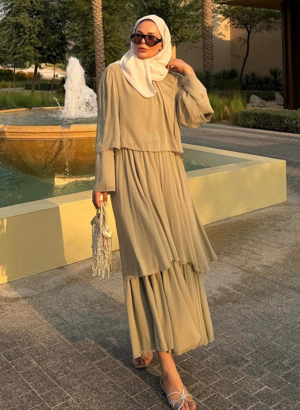 Layered Cape Chiffon Co-ord Set with Tiered Ruffle Skirt - Light Green