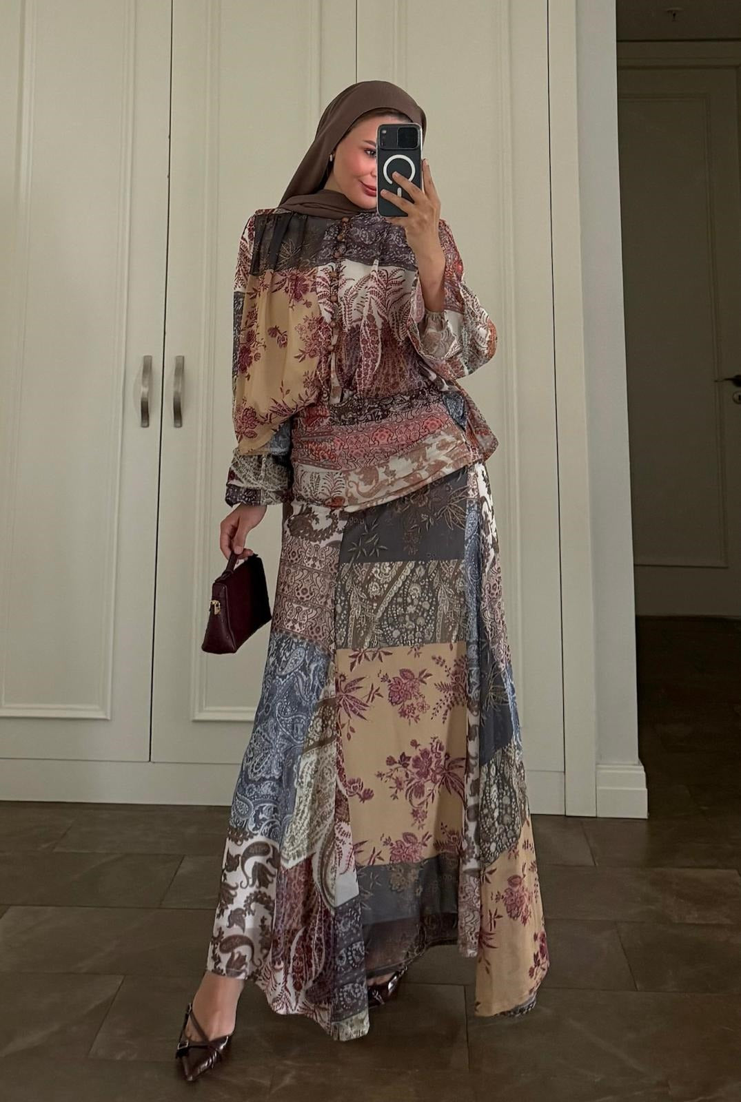 Victoria Patchwork Chiffon Maxi Skirt Set - Khaki