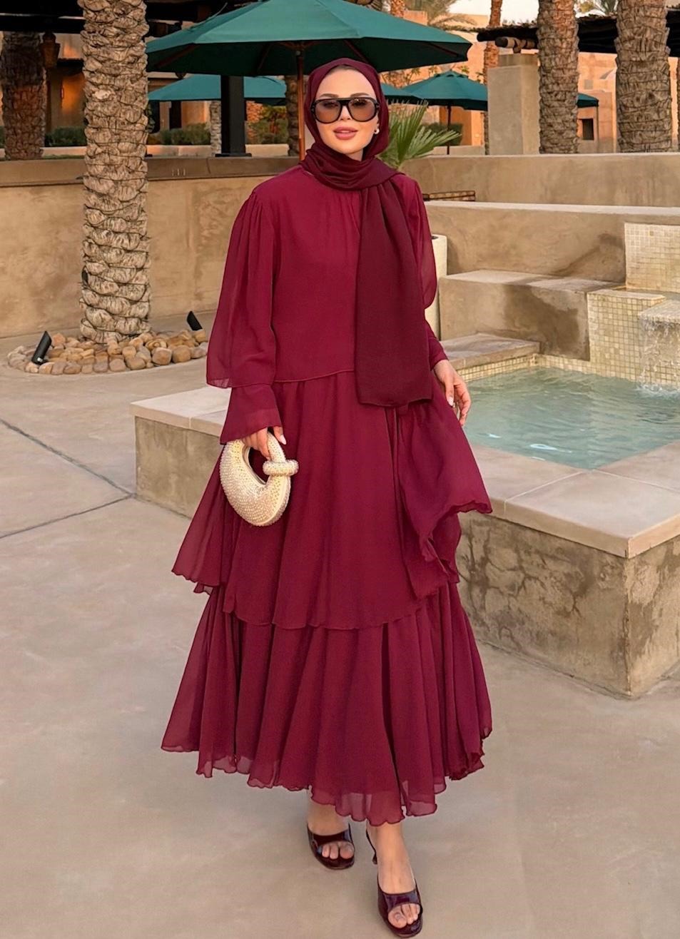 Layered Cape Chiffon Co-ord Set with Tiered Ruffle Skirt - Burgundy