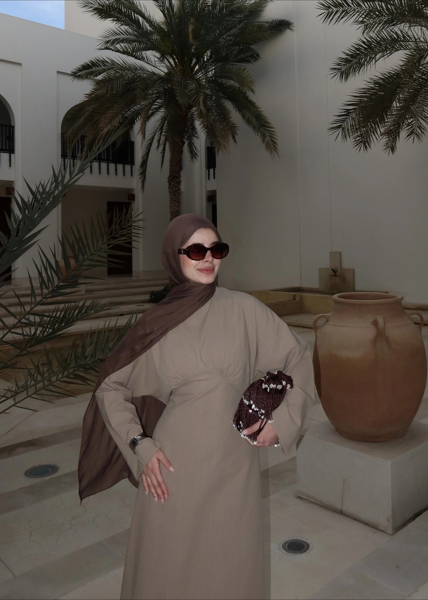 Khaki Cotton Tie-Back Maxi Dress - Waist Detail Long Sleeve Gown