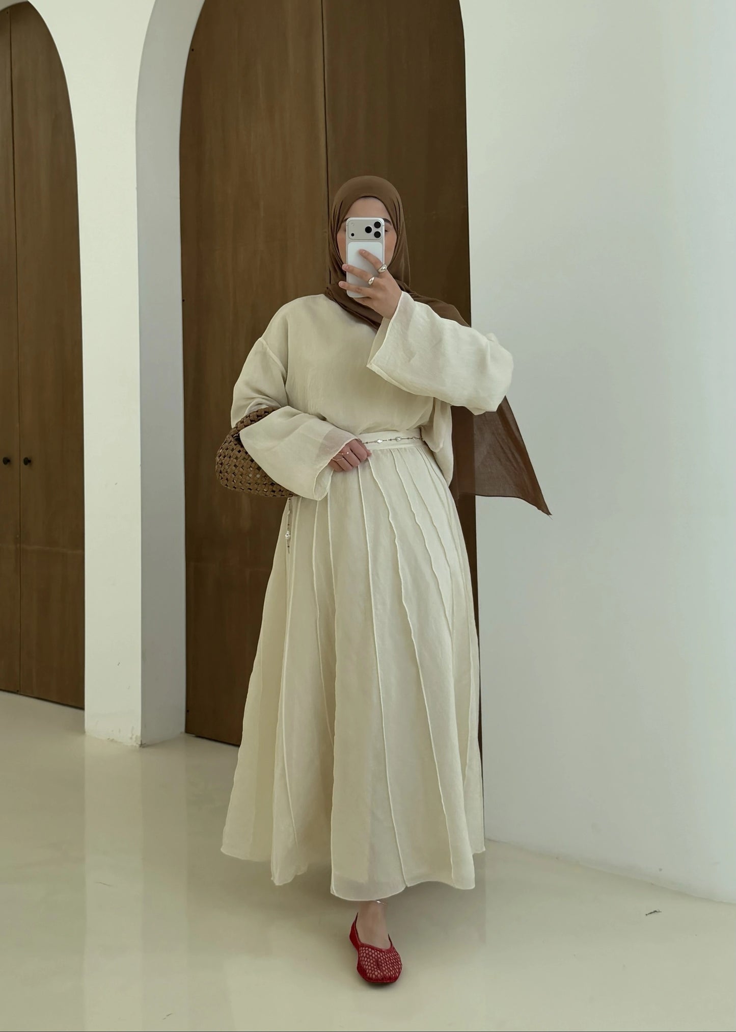 Reverse Stitch Skirt Set - Beige