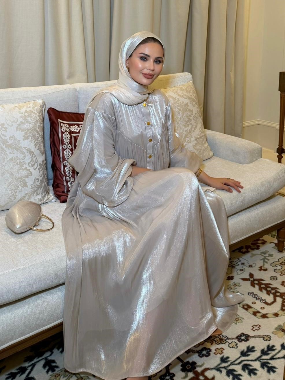 Shimmer Metallic Gathered Top & Flared Maxi Skirt Evening Co-ord Set - Beige