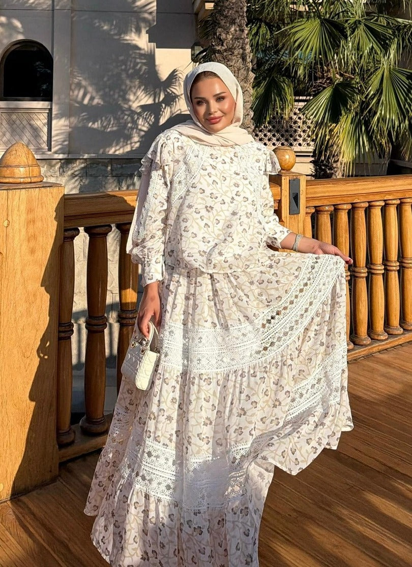 Floral Print Lace-Trim Tiered Maxi Co-ord Set - Ecrou