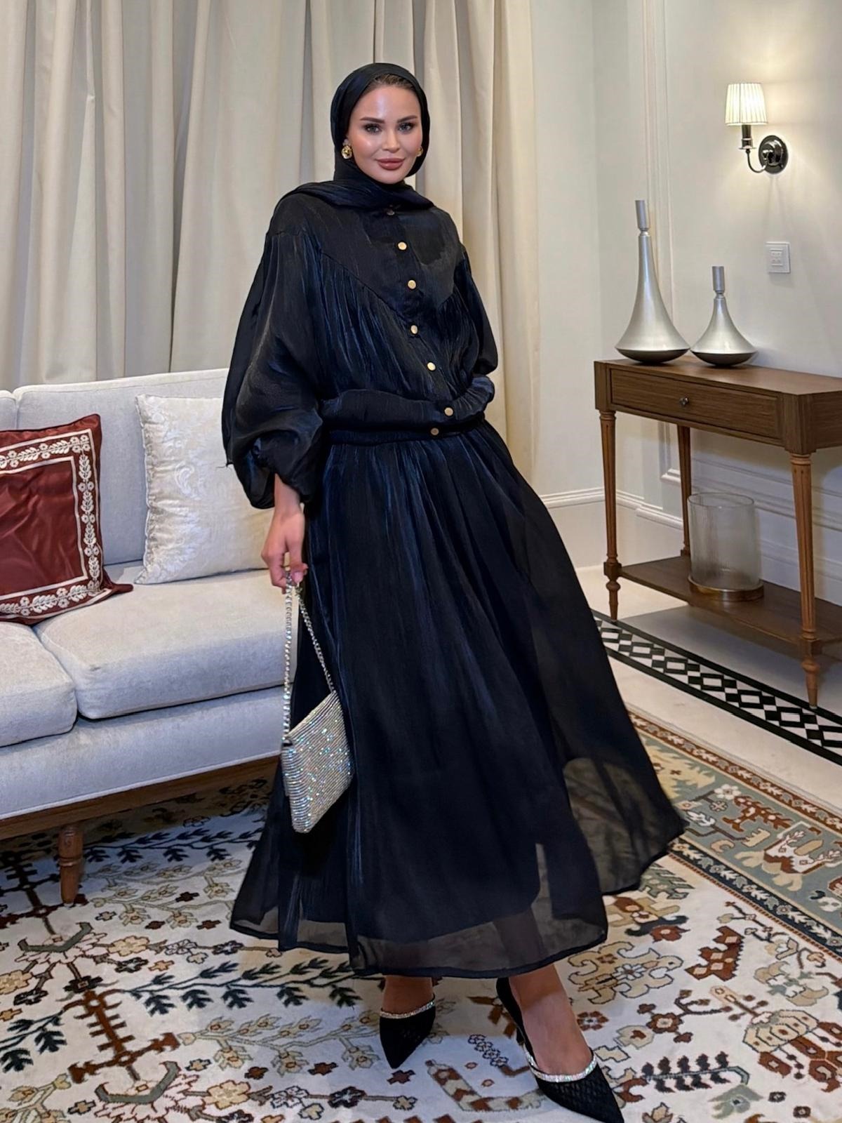 Shimmer Metallic Gathered Top & Flared Maxi Skirt Evening Co-ord Set - Black