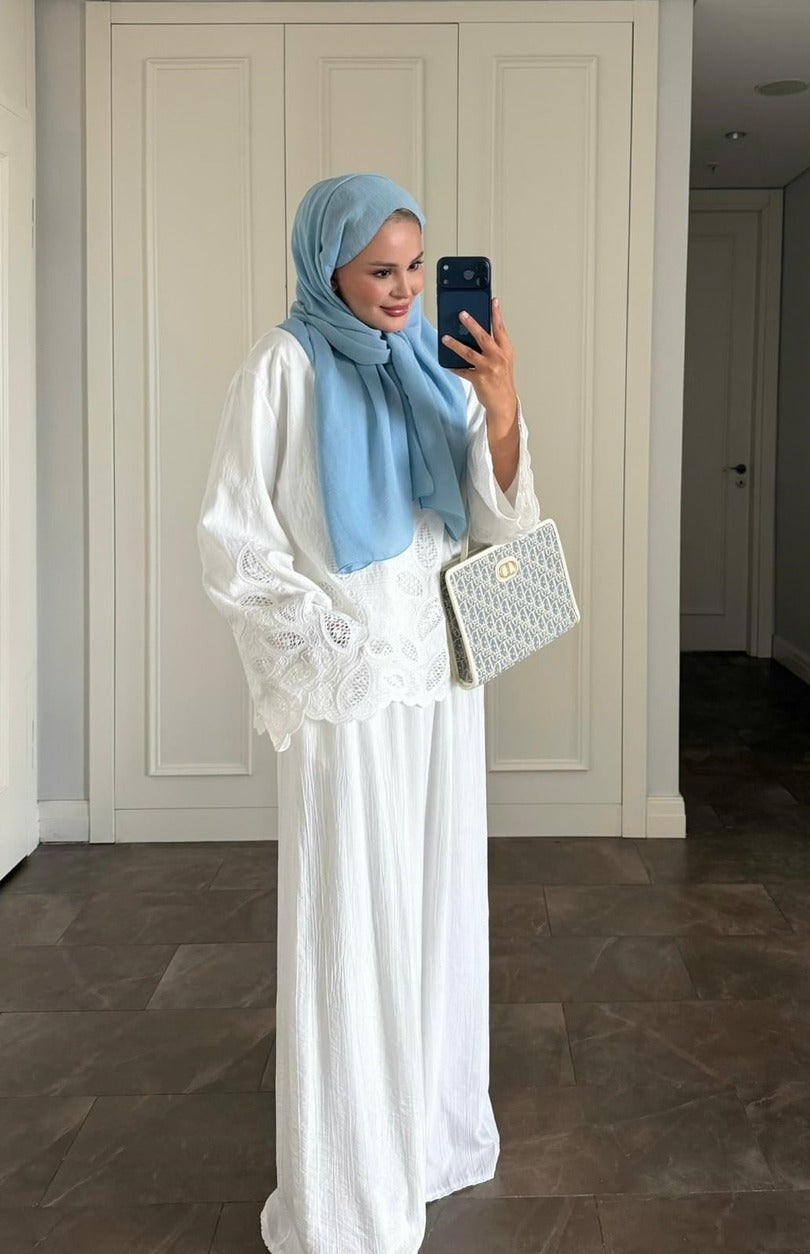 Dolly White Modest Pant Set - Elegant Two Piece Tunic Outfit