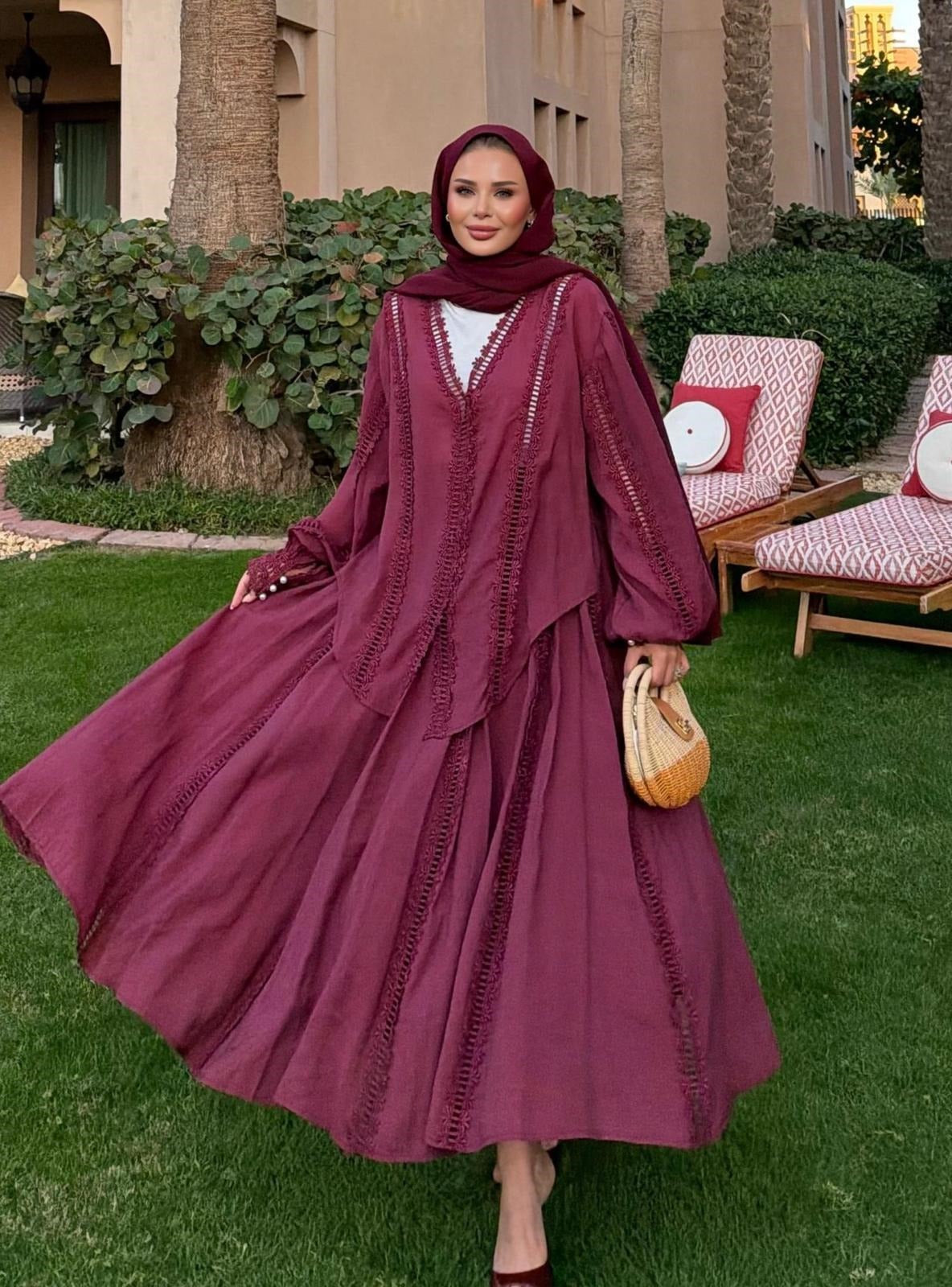 Dantel Broderie Skirt Set – Burgundy