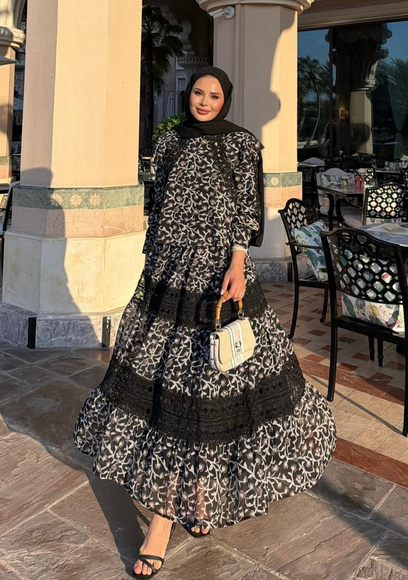 Floral Print Lace-Trim Tiered Maxi Co-ord Set - Black