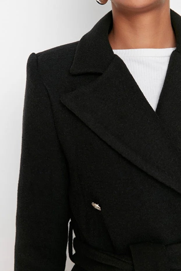 Black Fitted Long Wool-Blend Coat with Belt and Gold Buttons