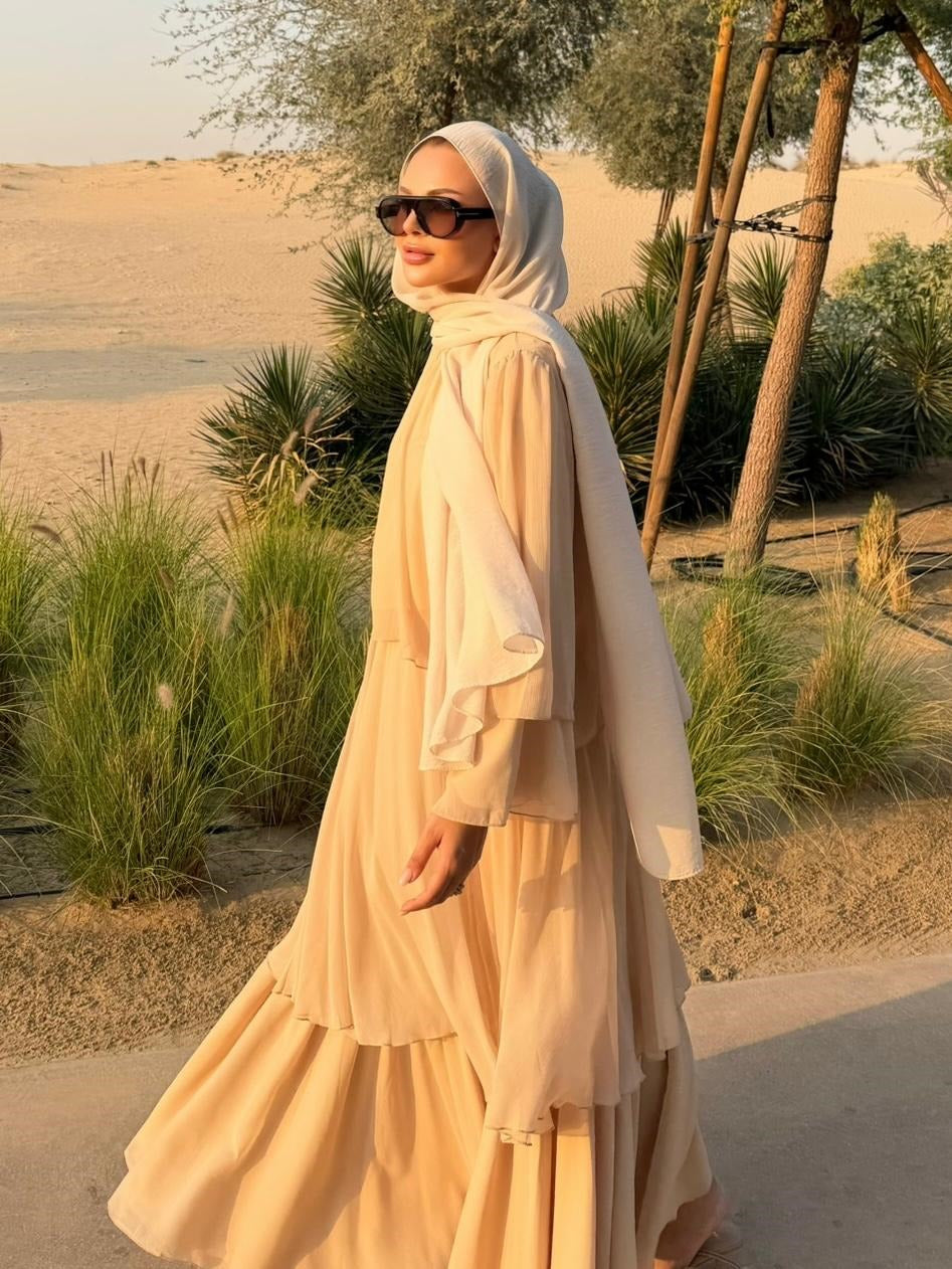 Layered Cape Chiffon Co-ord Set with Tiered Ruffle Skirt - Beige