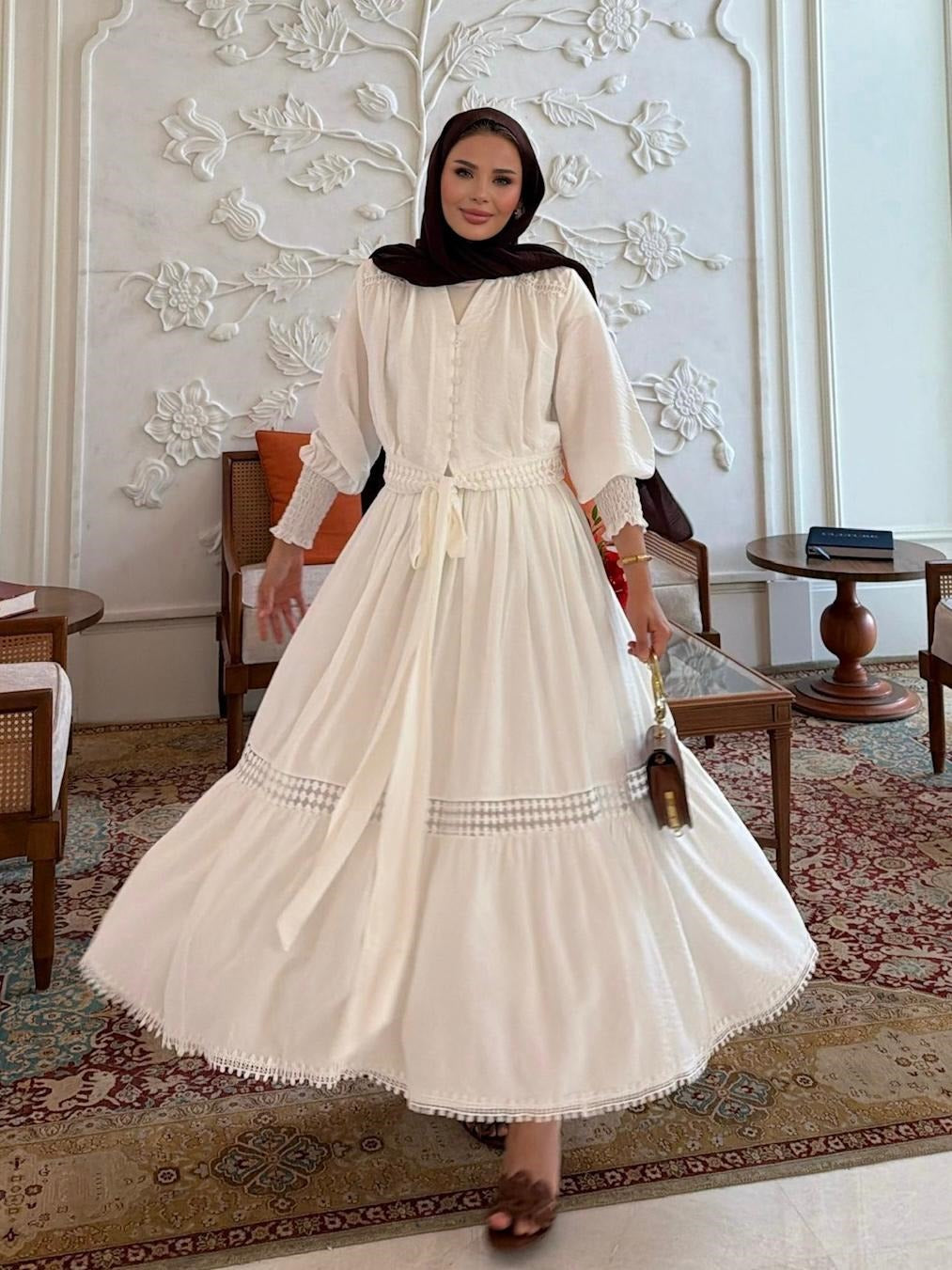 Tiered Boho Lace Trim Co-ord Set with Crochet Waist Belt - Ecrou