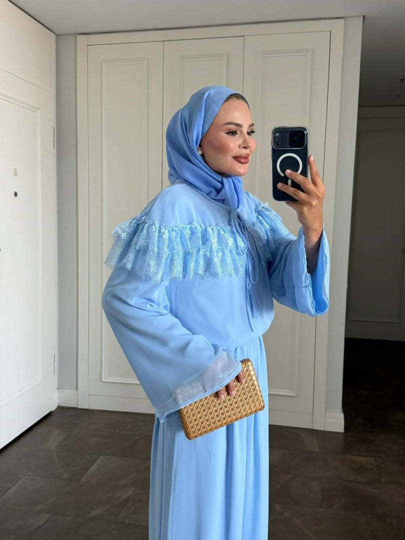 Ivana Mavi Tesettür Pantolon Takımı - Astarlı İki Parçalı Tunik ve Pantolon Kombini