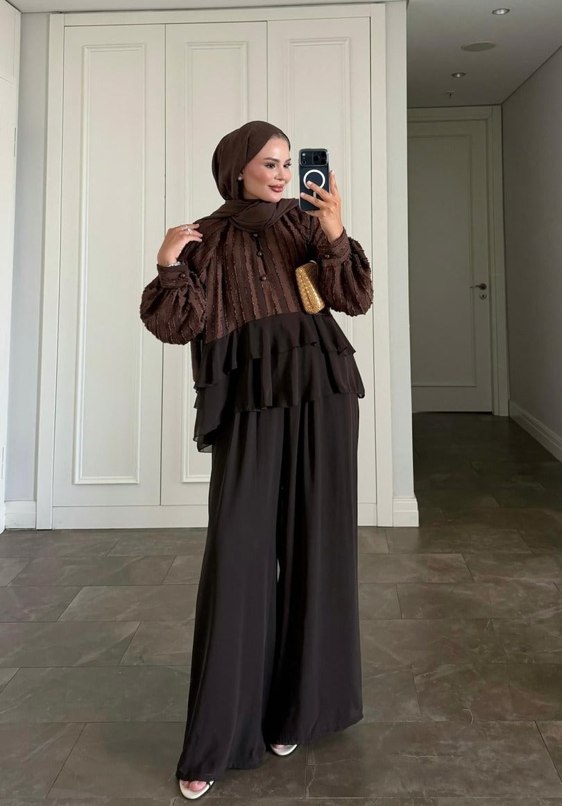 Furla Brown Modest Pant Set - Lined Two Piece High Low Outfit