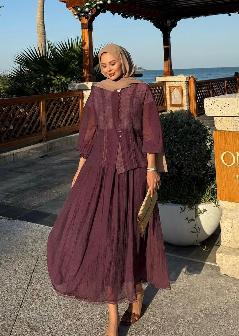 Button-Front Lace-Trim Blouse & Maxi Skirt Co-ord Set - Burgundy