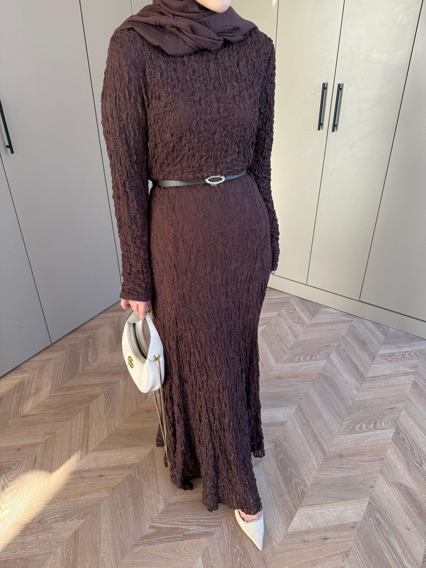 Brown Lace Dress with Removable Belt