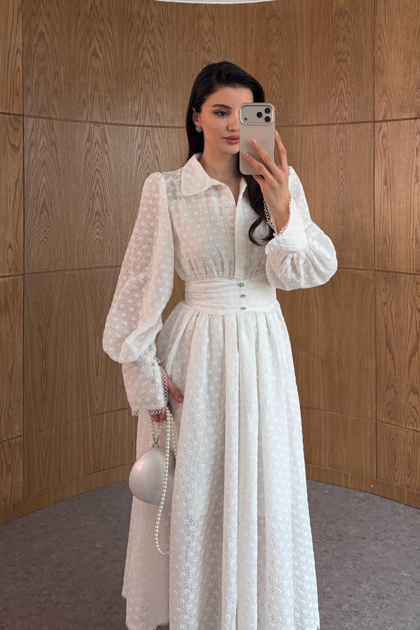 White Broderie Anglaise Midi Dress with Puff Sleeves & Structured Waist Detail