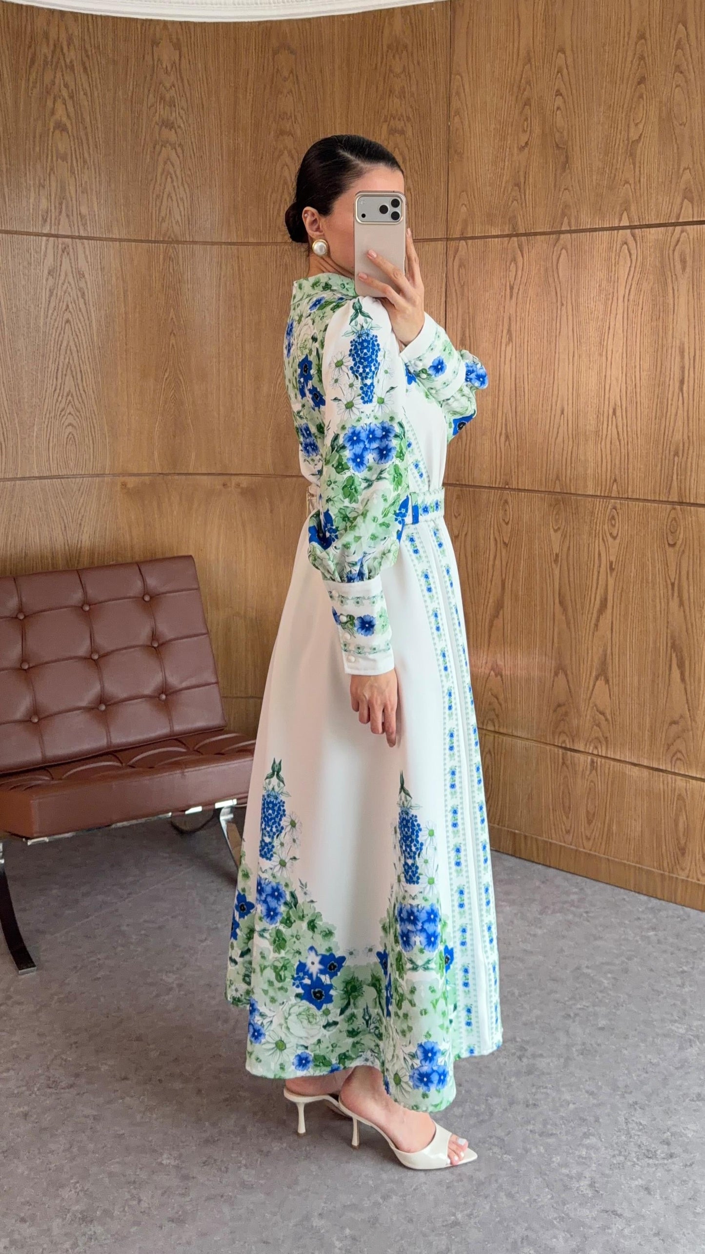 Blue & Green Digital Floral Print Maxi Dress with Puff Sleeves & Belted Waist