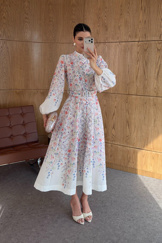 Digital Flower Print Linen-Look Maxi Dress with Puff Sleeves & Belted Waist