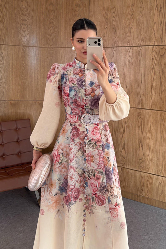 Digital Rose Print Linen-Look Maxi Dress with Puff Sleeves & Belted Waist
