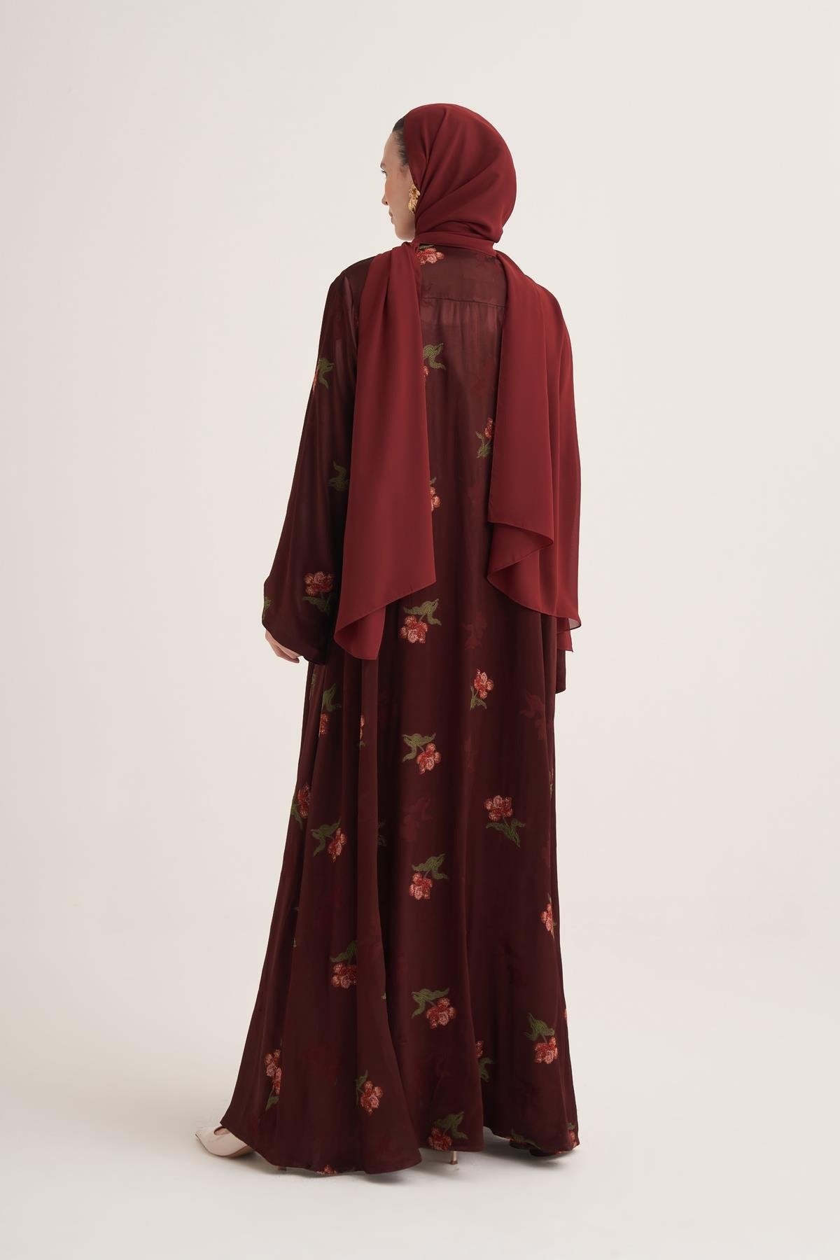Burgundy Hand-Embroidered Satin Viscose Floral Open Abaya with Crystal Details & Matching Scarf