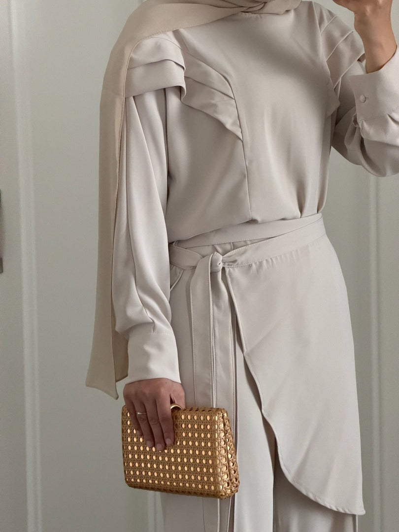 Beige Ruffle-Shoulder Blouse & Wide-Leg Trouser Co-ord Set