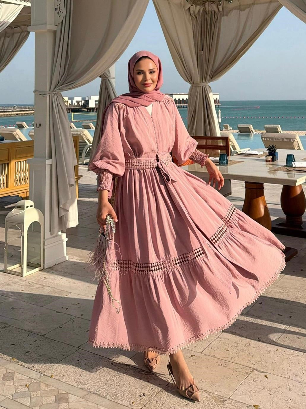 Tiered Boho Lace Trim Co-ord Set with Crochet Waist Belt - Pink Rose