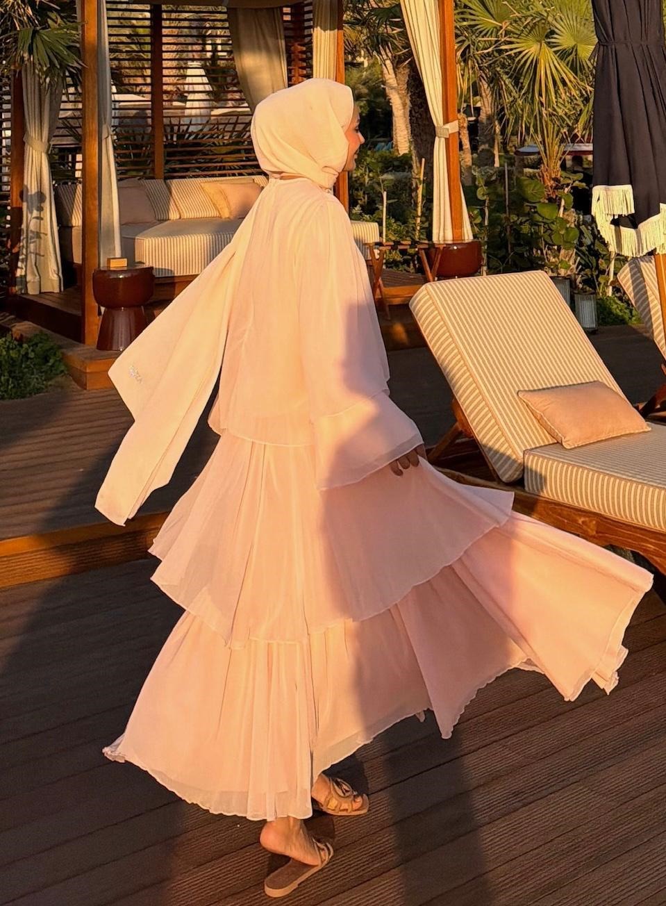 Layered Cape Chiffon Co-ord Set with Tiered Ruffle Skirt - Pink