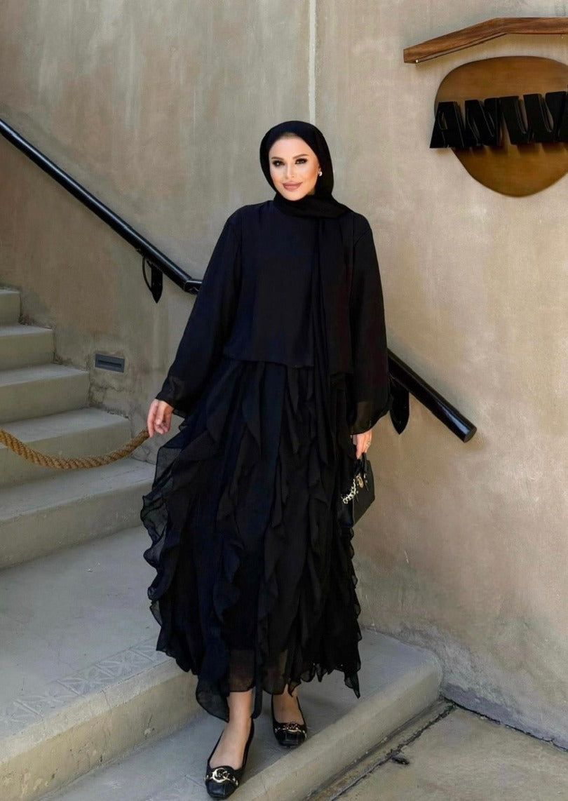 Black Ruffle-Detail Chiffon Blouse and Skirt Set- PRE ORDER