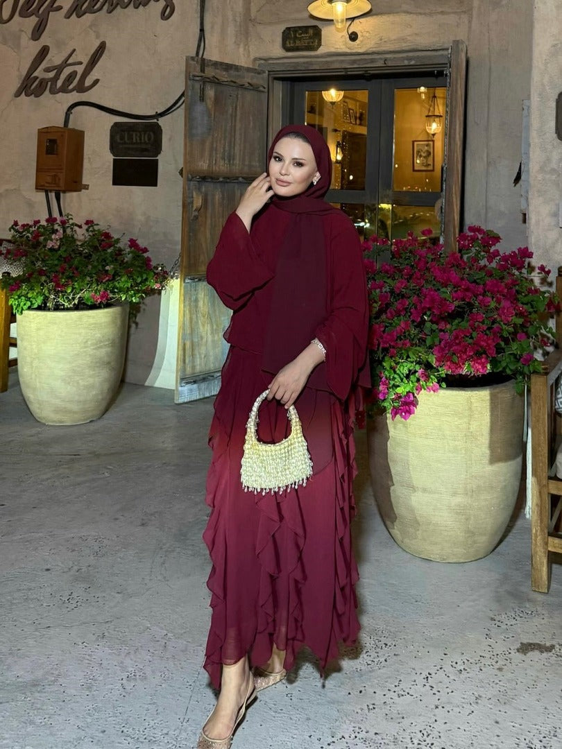 Burgundy Ruffle-Detail Chiffon Blouse and Skirt Set- PRE ORDER