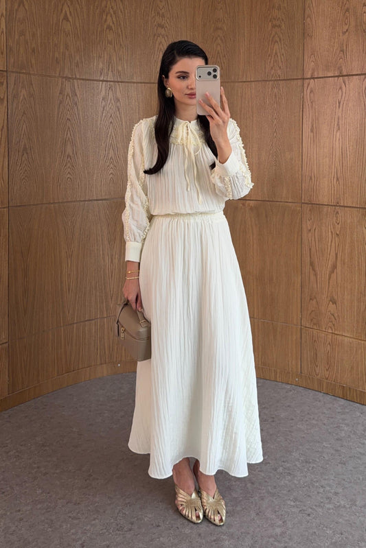 Cream Ruffle Trim Co-ord Set with Tie Neck, Puff Sleeves & Drawstring Waist