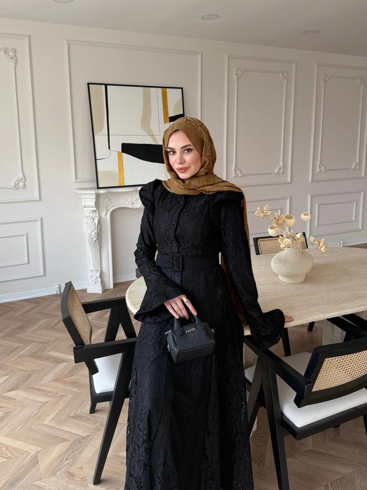 Lace Detailed Belted Maxi Dress - Black