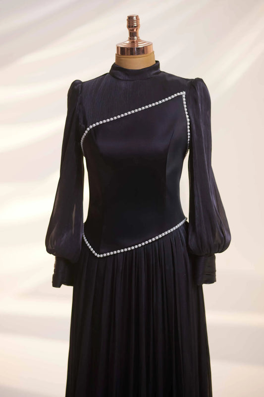 Black Organza Pearl Detail Modest Evening Dress