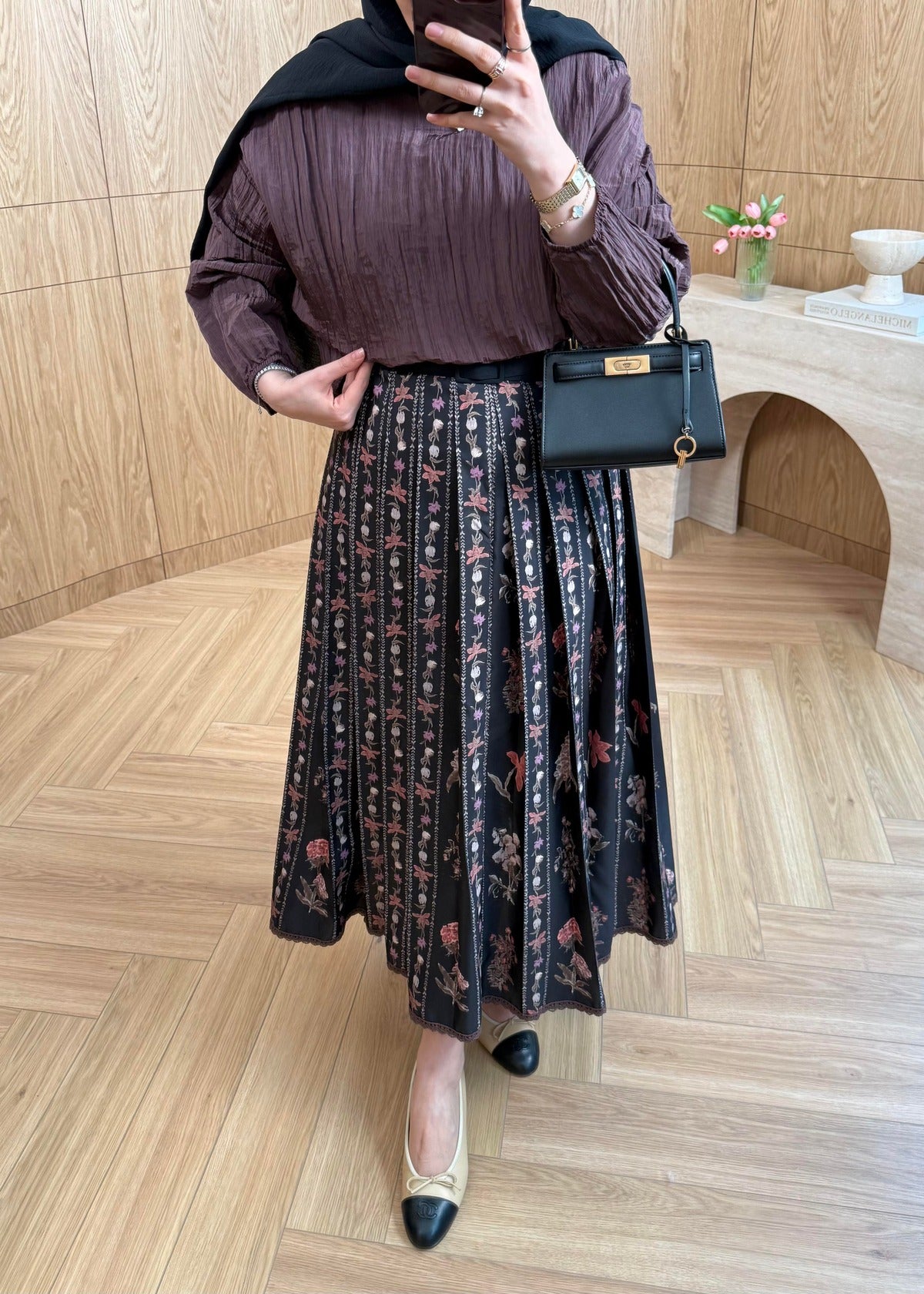 Lily Co-ord Set — Black Textured Blouse & Floral Pleated Midi Skirt