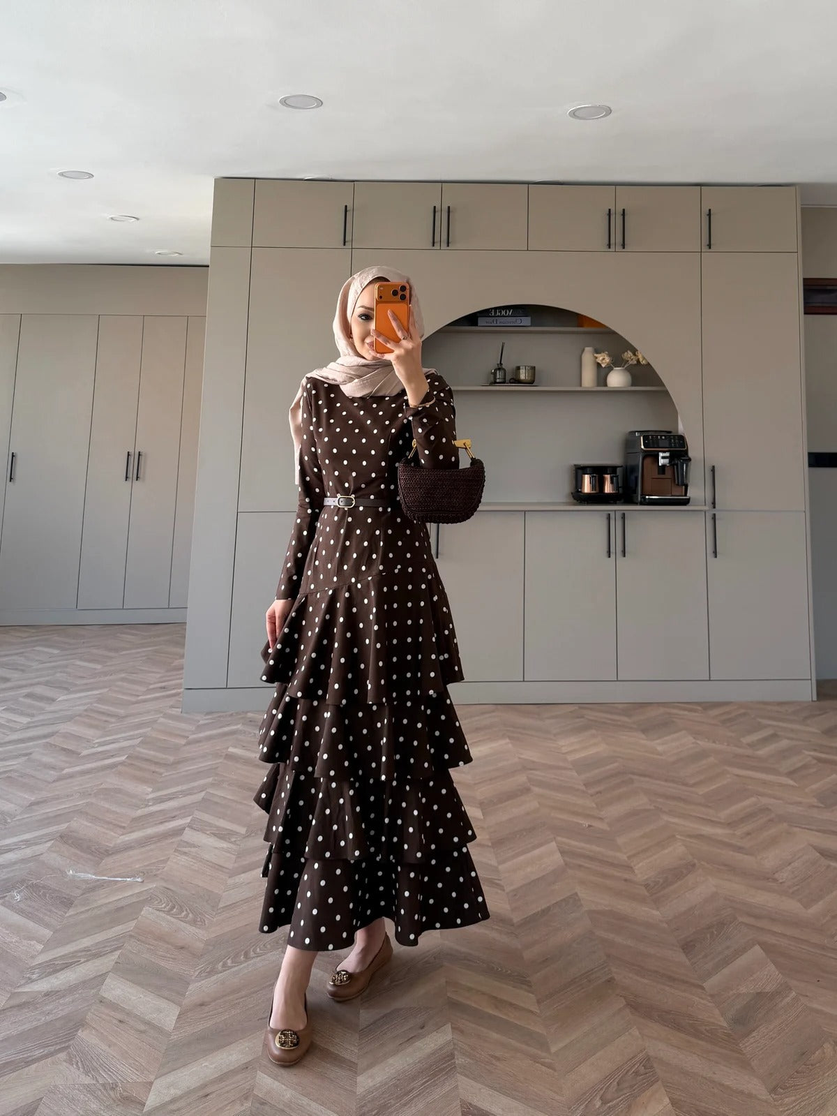 White Polka Dot Side-Tie Poplin Maxi Dress - Brown