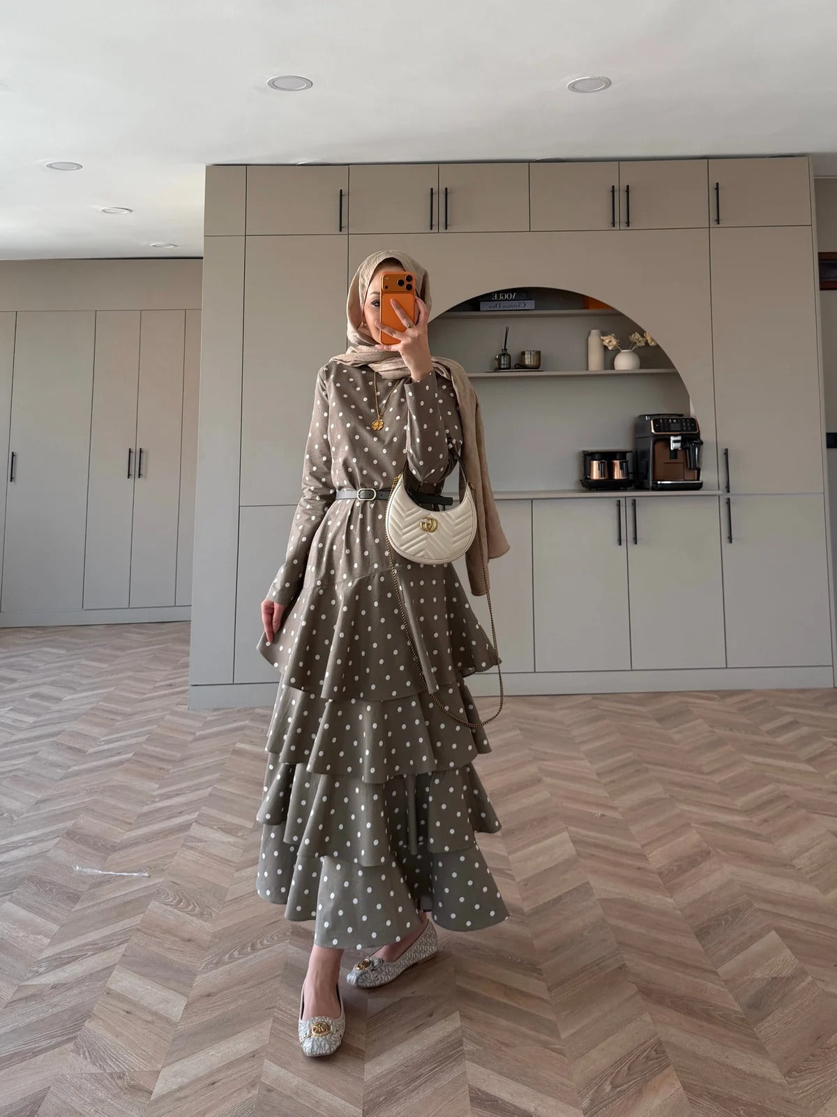 White Polka Dot Side-Tie Poplin Maxi Dress - Khaki