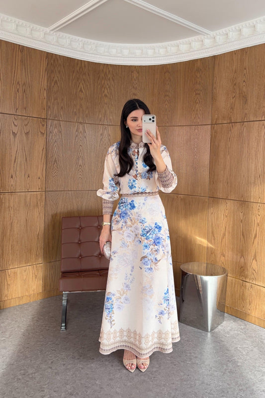 Blue Floral Print Shirt & Maxi Skirt Co-ord Set with Smocked Cuffs & Ornate Hem Border