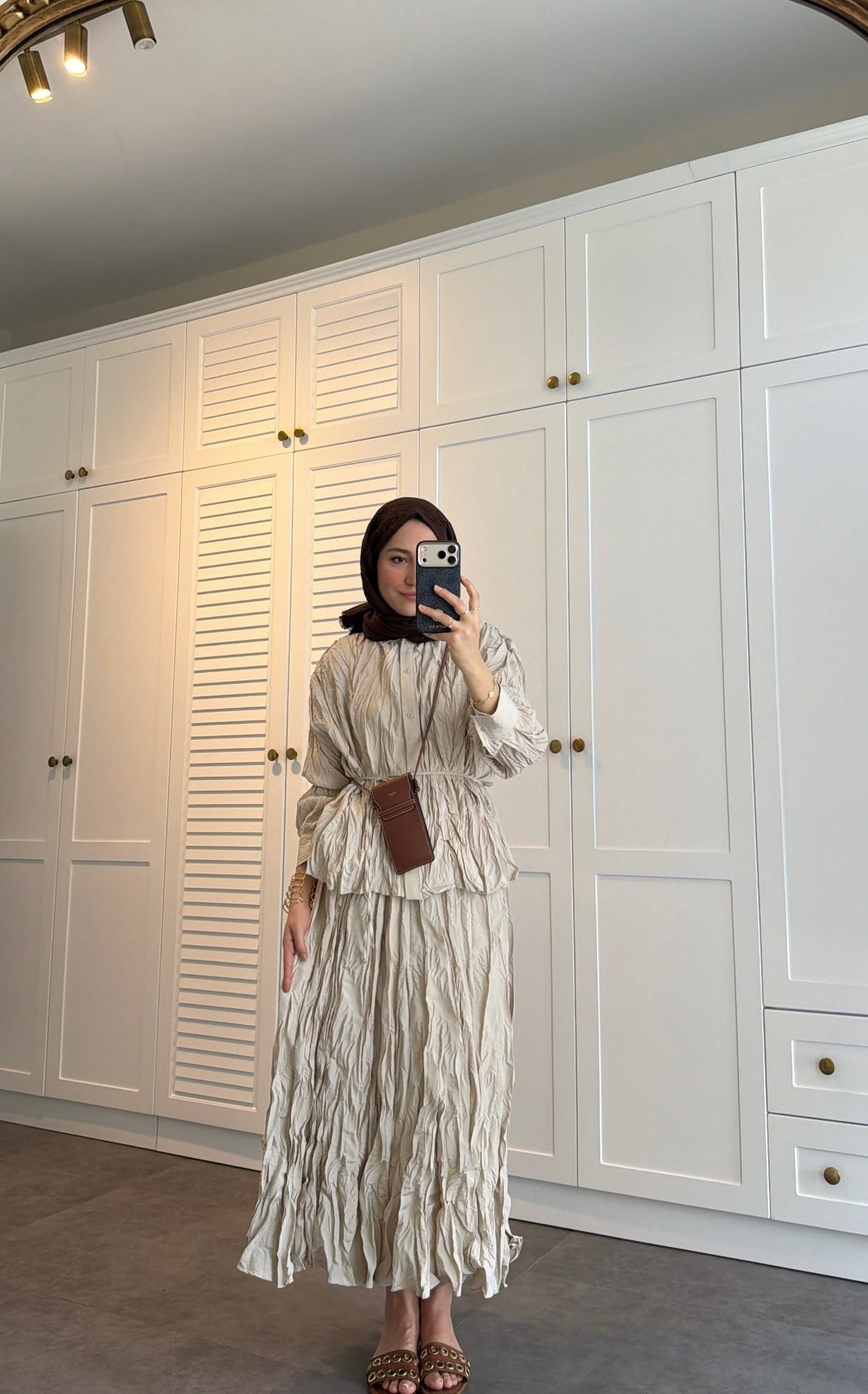 Beige Textured Crinkle-Effect Shirt & Maxi Skirt Co-ord Set